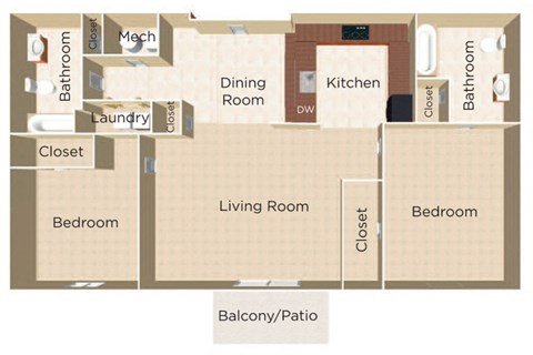 A floor plan of a house with two bedrooms, a living room, a kitchen, a dining room, a bathroom, a laundry room, and a balcony.